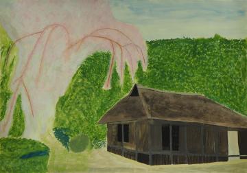 古民家が立つ左の敷地内に、ピンク色の花を咲かせたしだれ桜の木が立っている様子を描いた畑中 朱音さんの作品