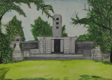 木々に囲まれた敷地の奥に建つ英霊塔を描いた野崎 大晴さんの作品
