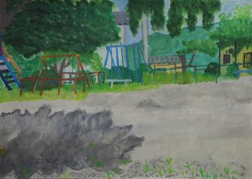 木々に囲まれた園内にブランコや鉄棒などの遊具が設置された公園を描いた森屋 絆さんの作品