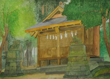 木々に囲まれた境内の両側に2つの狛犬が配置され、奥に小さな社殿が立つ神社を描いた荒井 ゆいさんの作品