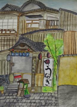 入り口右側に「うなぎ」と書かれたのぼり旗や、入り口の上に「女郎うなぎ」と書かれた暖簾が飾られた2階建ての店舗の建物入り口を描いた田端 那奈美さんの作品