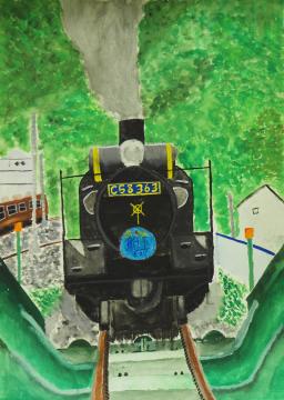 灰色の煙を吐き出した、C58363と書かれた蒸気機関車がゆっくり動いている様子を正面から描いた大山 誠道さんの作品