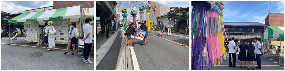 左：テントの下で浴衣を着た人が模造紙で作られた掲示物を見ている写真。 中央：七夕飾りが吊るされたお祭り会場で、大きなボードを持った女性が2名の学生にアンケートを行っている様子の写真。 右：歩行者天国にされた道路上で、大きなボードを持った男性が制服姿の4名の学生にアンケートを行っている様子の写真。
