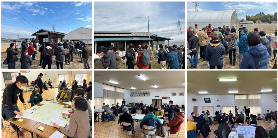 左上：ビニールハウスの前で大勢の参加者が立っている。 中央上：建物の前で男性の話を参加者が聞いている。 右上：ビニールハウスに参加者が集まっている。 左下：参加者が模造紙に付箋を貼り話し合っている。 中央下：椅子に座った参加者が男性の話を聞いている。 右下：発表者の話に耳を傾けている参加者の写真。