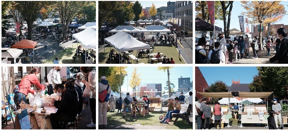 左上：広場でテントが並びお客さんで賑わっている。 中央上：テントの下で大勢のお客さんが楽しんでいる。 右上：旗が立つテント前に沢山の買い物客が並んでいる。 左下：赤色の服を着た女性がワークショップで教えている。 中央下：ベンチに座った子供や大人たち。 右下：お客さんが商品を見ている様子の写真。