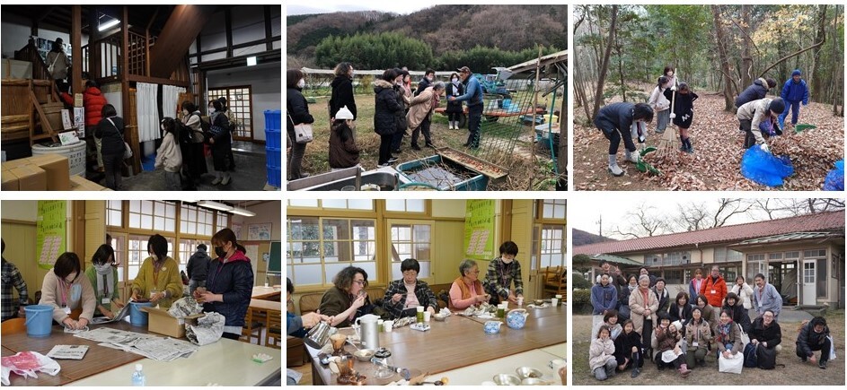 左上：建物の階段を上がっている参加者たち。 中央上：畑で男性の話を参加者が聞いている。 右上：山の中で枯れ葉を集めている参加者たち。 左下：4名の女性がサツマイモを新聞紙にくるんでいる。 中央下：テーブル席に座った参加者がおやつを食べている。 右下：赤色の屋根の建物の前で参加者が並んでいる集合写真