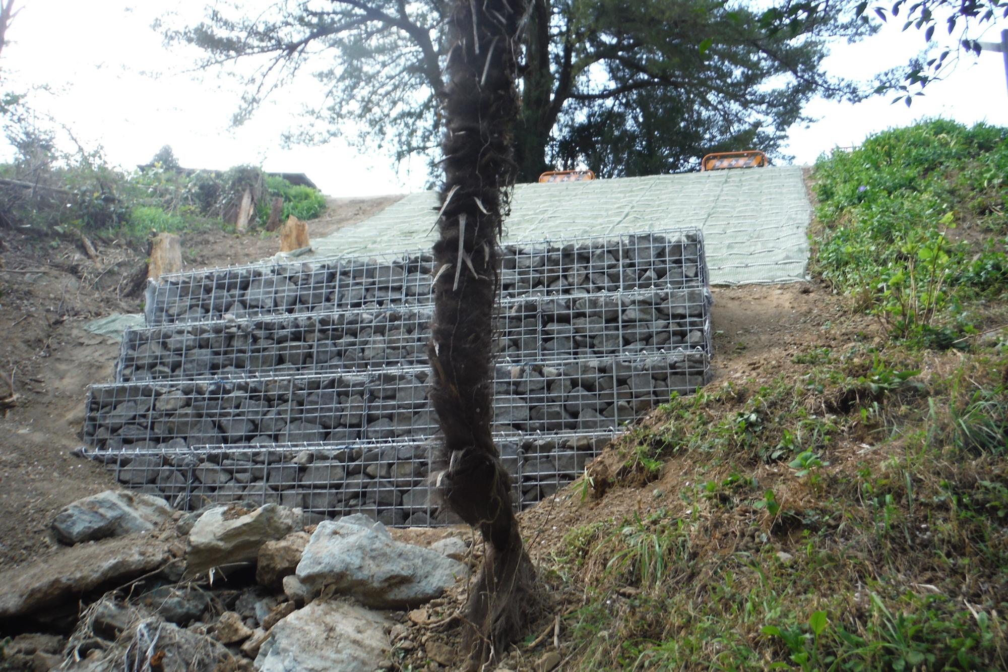 土砂崩れに免れた一本の木が立つ奥の災害で崩れた斜面に緑色のシートが敷かれ、銀色の柵で囲われた石塀が4段に設置された復旧工事後の写真