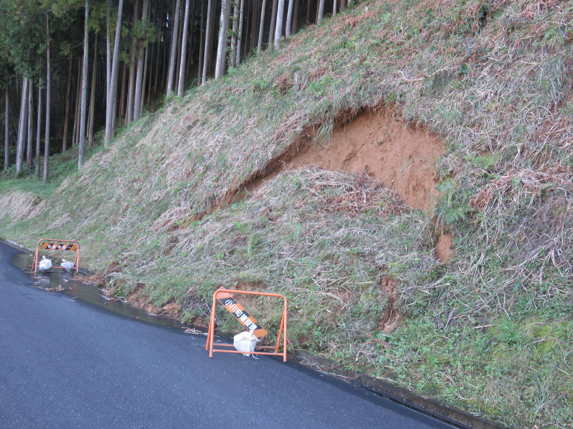 道路の右側に2つのバリケードが間隔をあけて設置され、細い木が立ち並ぶ手前の斜面がゴッソリえぐりとられ水が流出している復旧工事前の写真