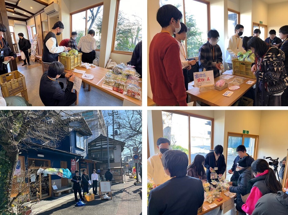 左上：テーブル上にラッピングされた商品などが置かれ、高校生がポップを貼っている様子の写真。右上：商品を見ているお客さんに接客している高校生の写真。左下：青色の2階建て建物の前に4名の高校生が立ち、お客さんを呼び込んでいる様子の写真。右下：商品を両手にとっているお客さんに接客している高校生の写真