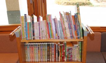 2段の本棚にたくさんの絵本や本が並べられている写真