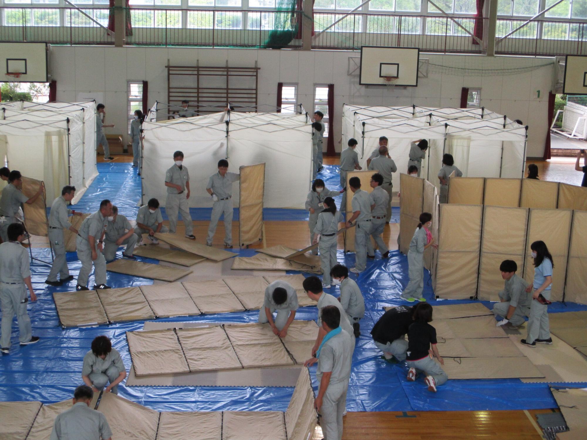 広い体育館でいくつもの仕切りを組み立てる参加者たちの写真