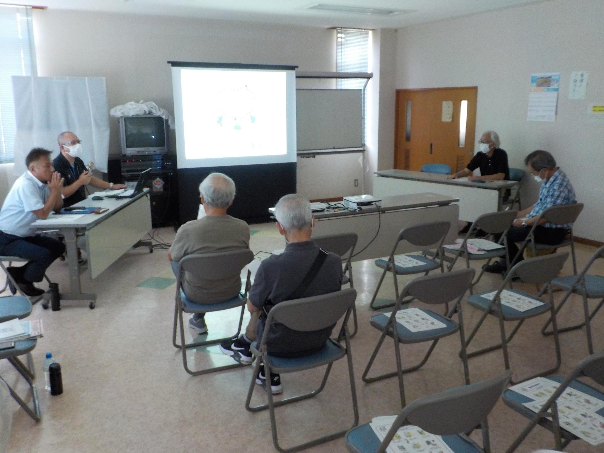 スクリーンに映し出される資料をもとに前方で説明する男性の話を聞いている参加者の方々を後ろから撮影した写真