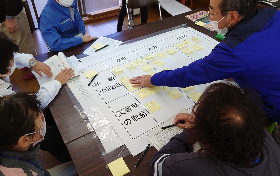 グループでの話し合いで、出てきた意見を付箋に書き出し、机の中央に置かれた模造紙に貼っている話合いの様子の写真