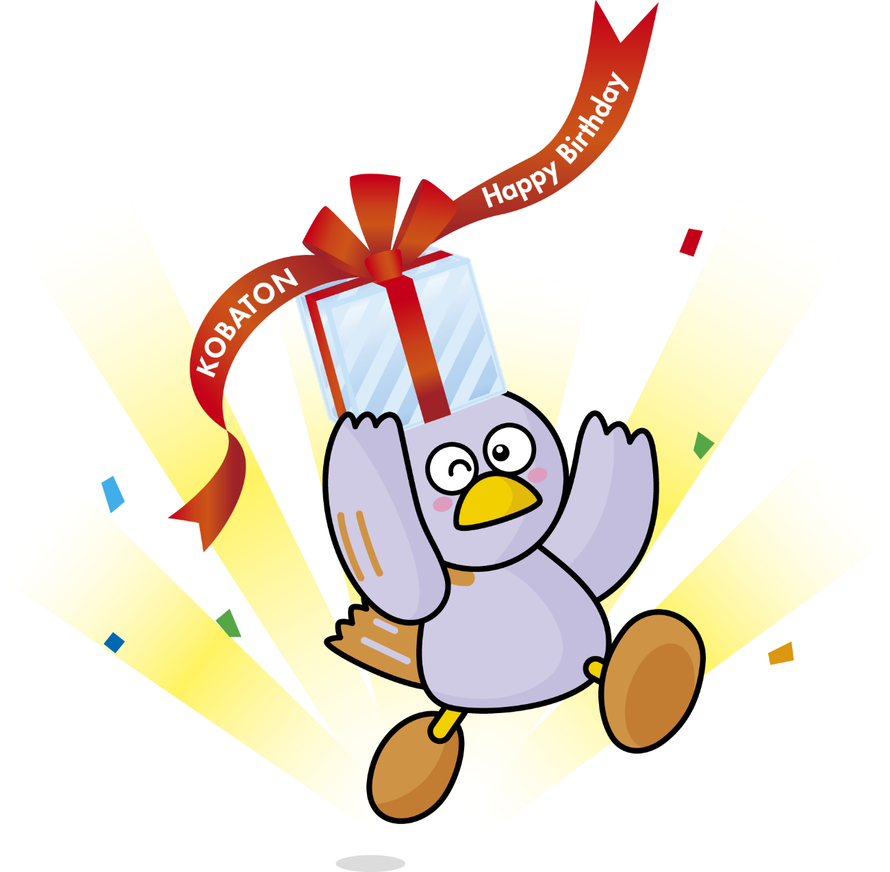 KOBATON Happy Birthdayと書かれた赤色のリボンが掛けられたプレゼントの箱を頭にのせて喜んでいる埼玉県マスコット「コバトン」のイラスト
